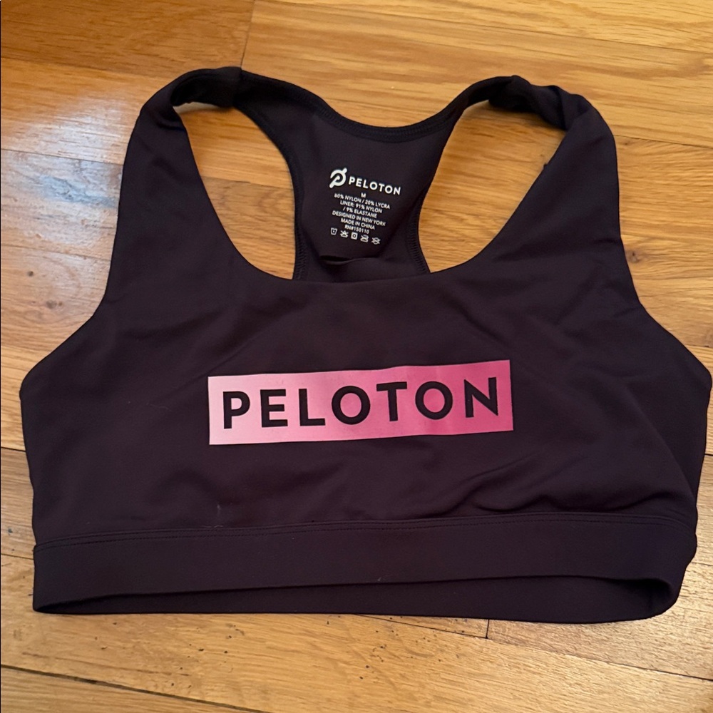 Peloton Black Sports Bra with Pink Gradient Logo